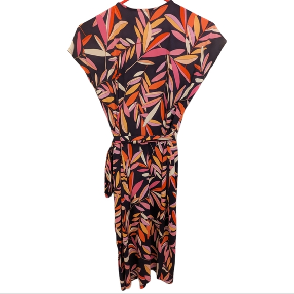 Maggy London "Leana" Wrap Midi Dress Navy Pastel Leaf Floral Print Sz 8 - Picture 5 of 10